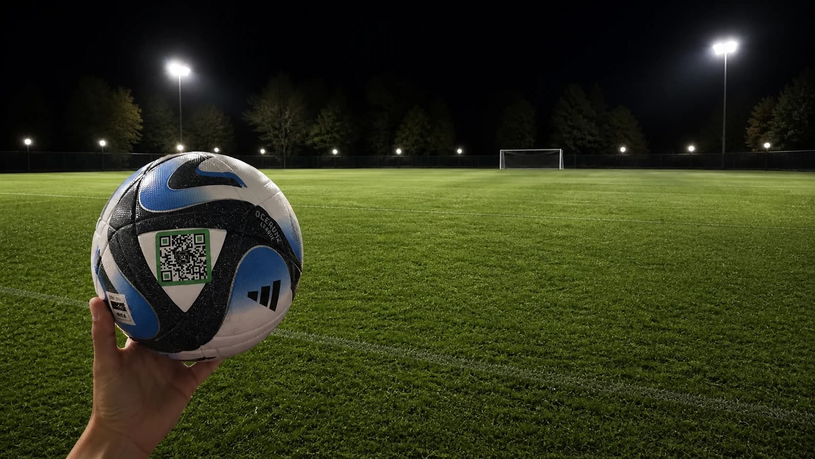 Real blue SoccQR-tagged soccer ball on a soccer field at night