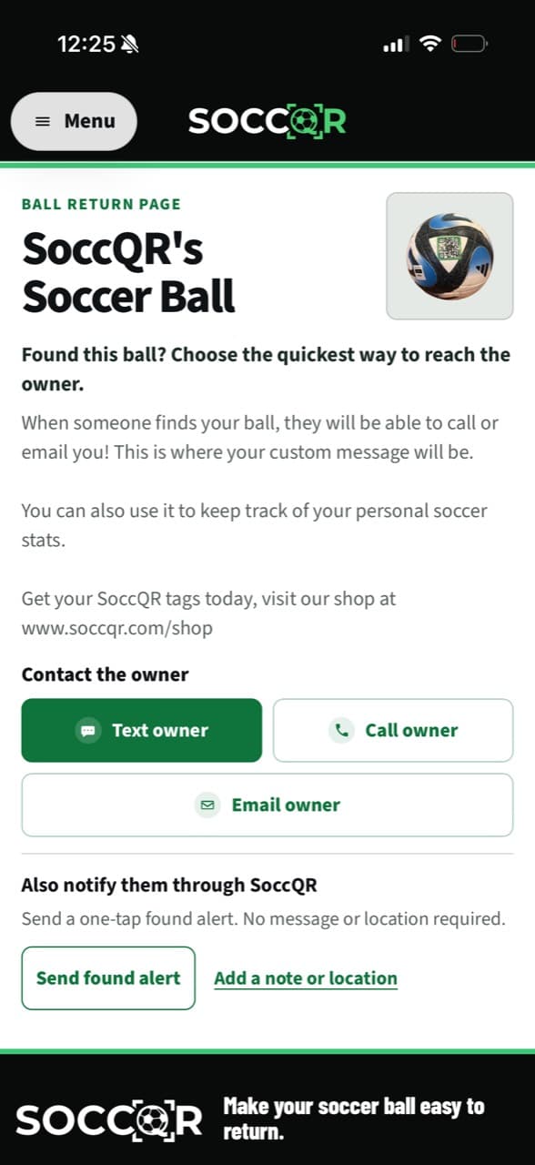 SoccQR mobile return page with direct owner contact and a one-tap found alert
