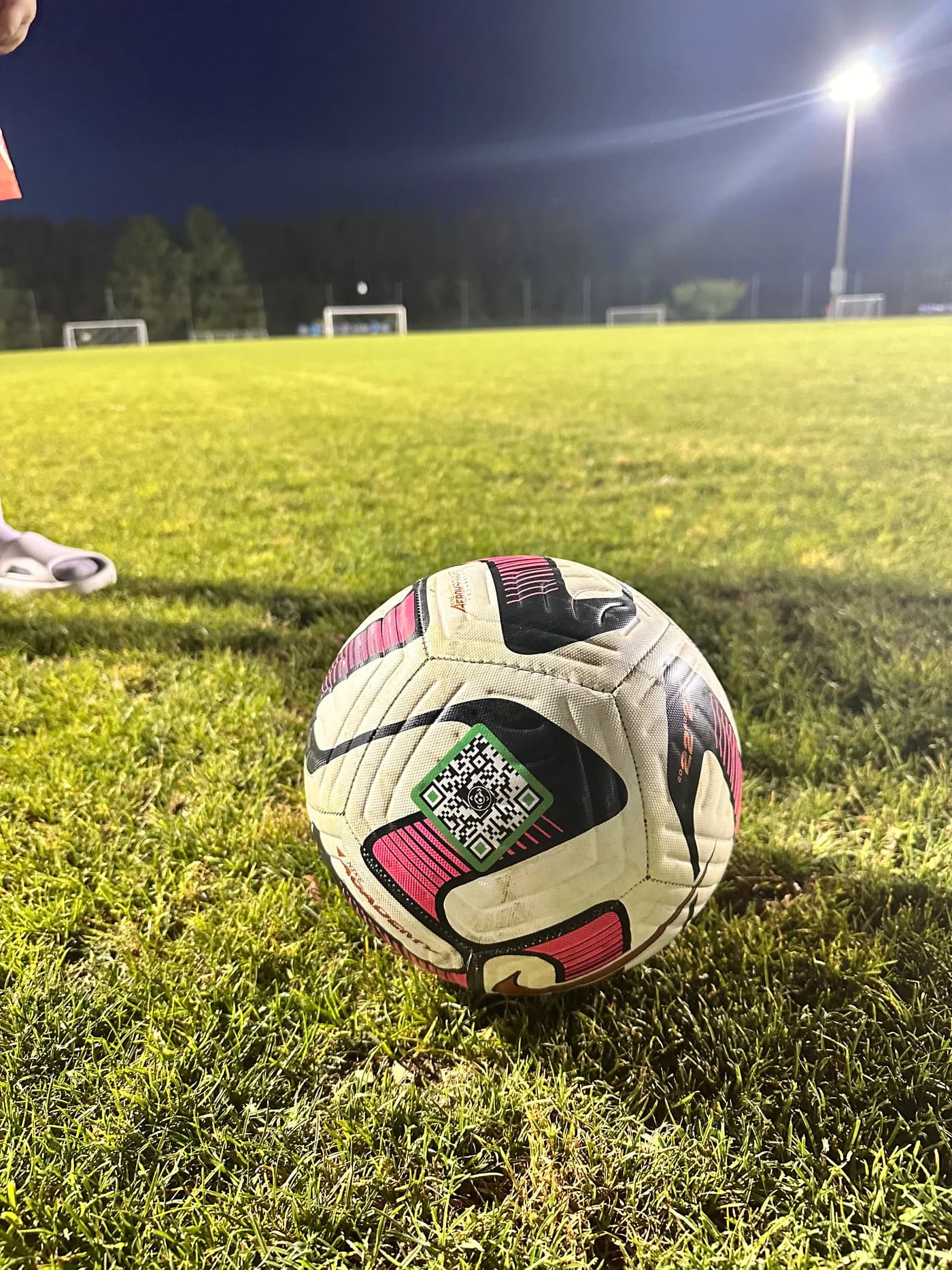 Original photograph of a tagged white and pink soccer ball on the grass at practice