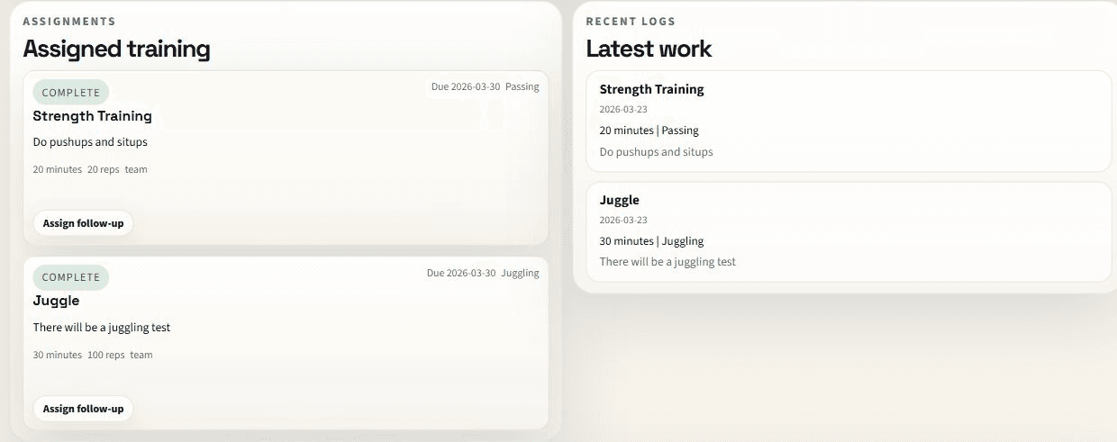 Coach player detail panels showing assigned training and recent completed logs