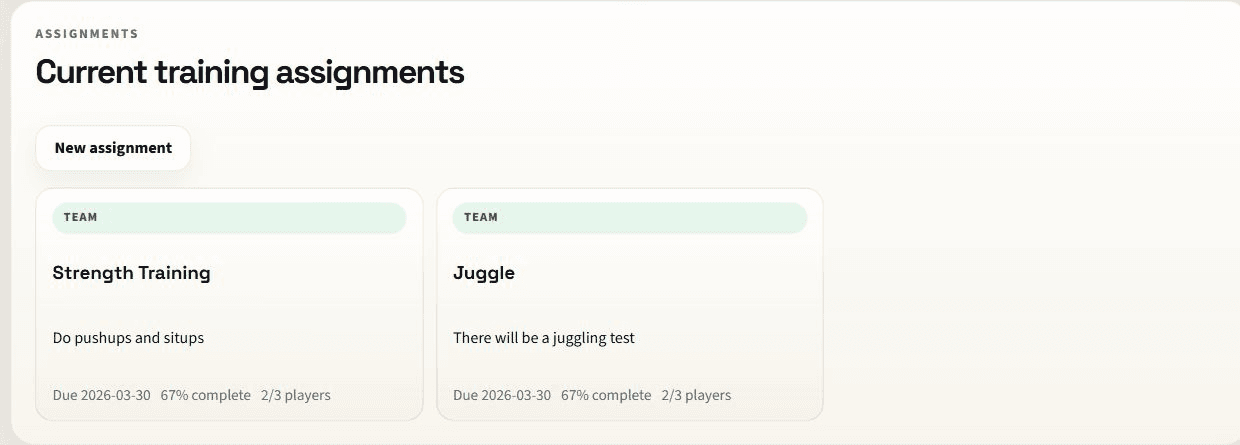 Team assignment cards with due dates and player completion progress
