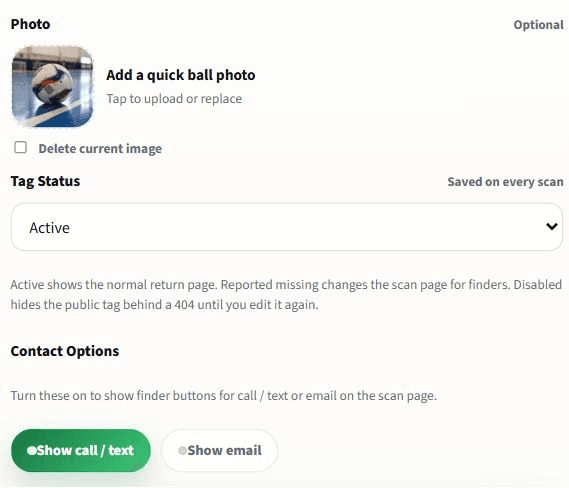 Owner tag settings for the ball photo, tag status, and finder contact options