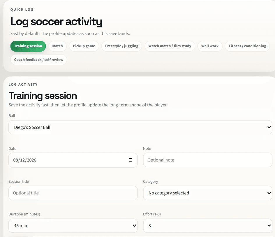 Quick log screen with activity-type chips and training-session form
