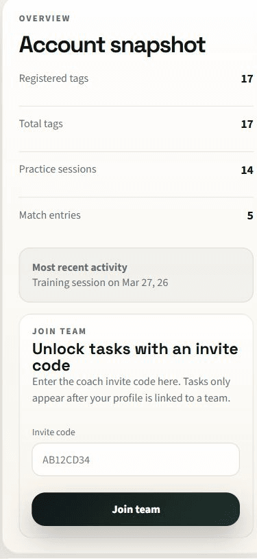 Player account snapshot with activity totals and the join-team invite code form