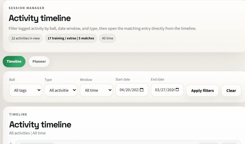 Sessions manager listing saved practices and matches with filter controls