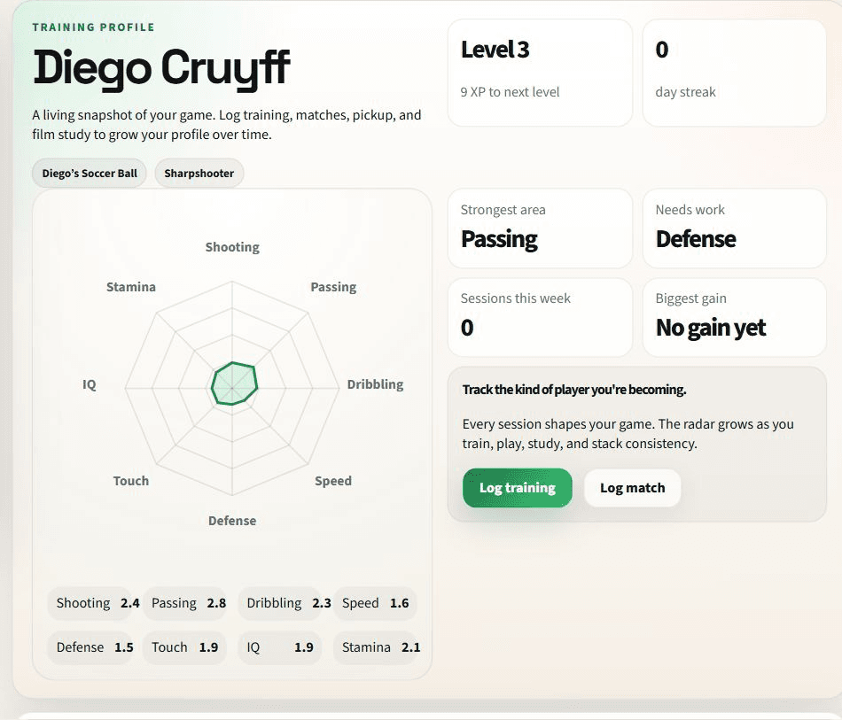 Player stats dashboard with the attribute radar, level, XP, and streak cards