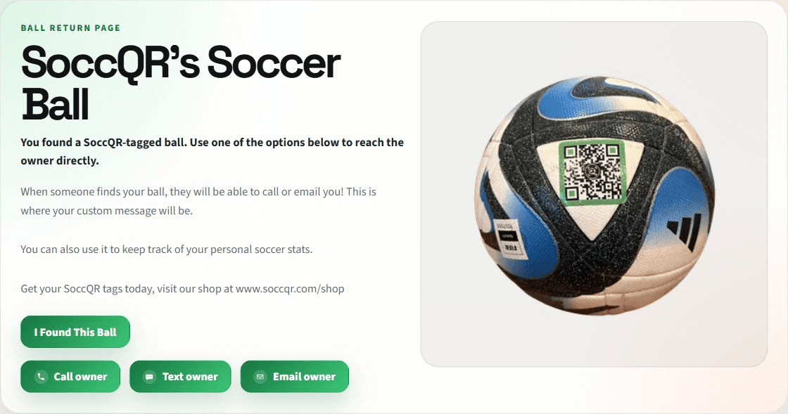 Public return page showing ball name, photo, message, and call/text/email buttons