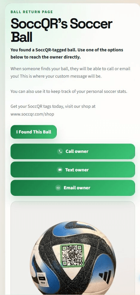 Mobile view of the public tag return page with call, text, and email buttons